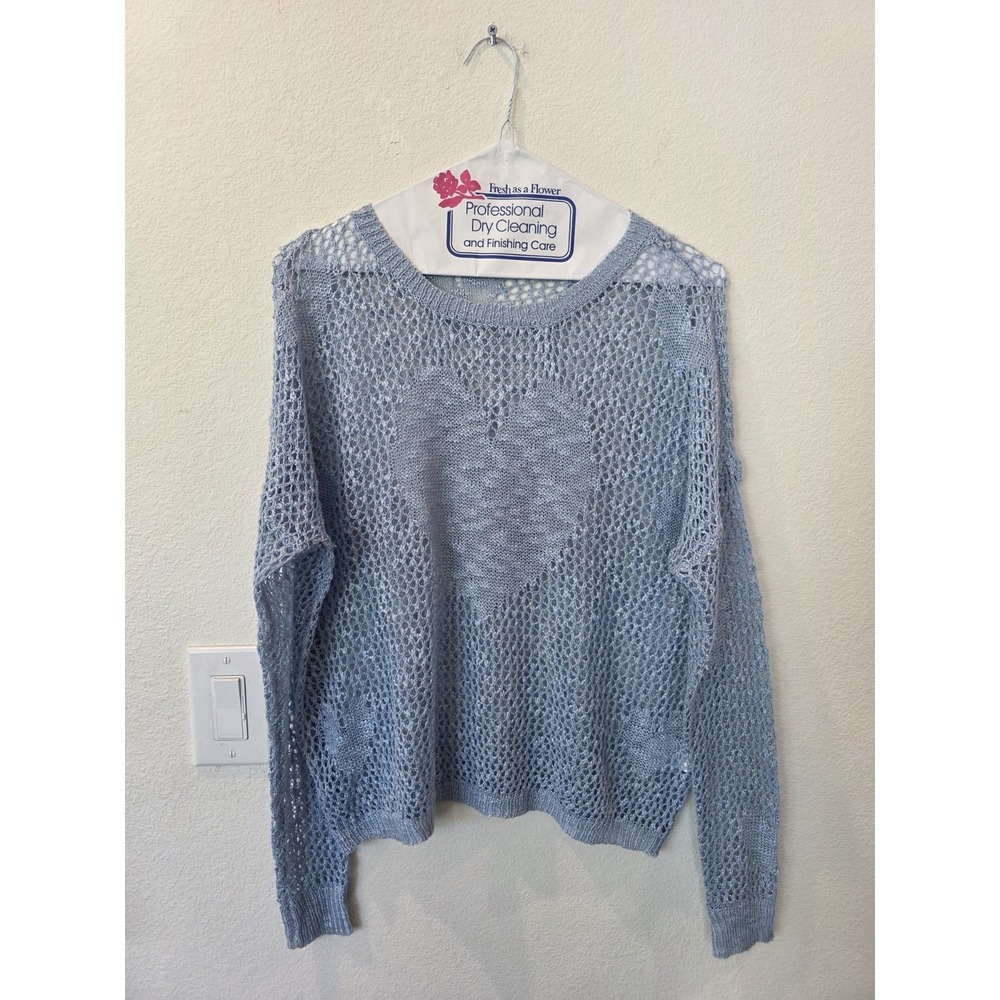Issue‎ Womens Sheer Knit Sweater Blue Sz L Heart Details Boho Coastal Cowgirl
